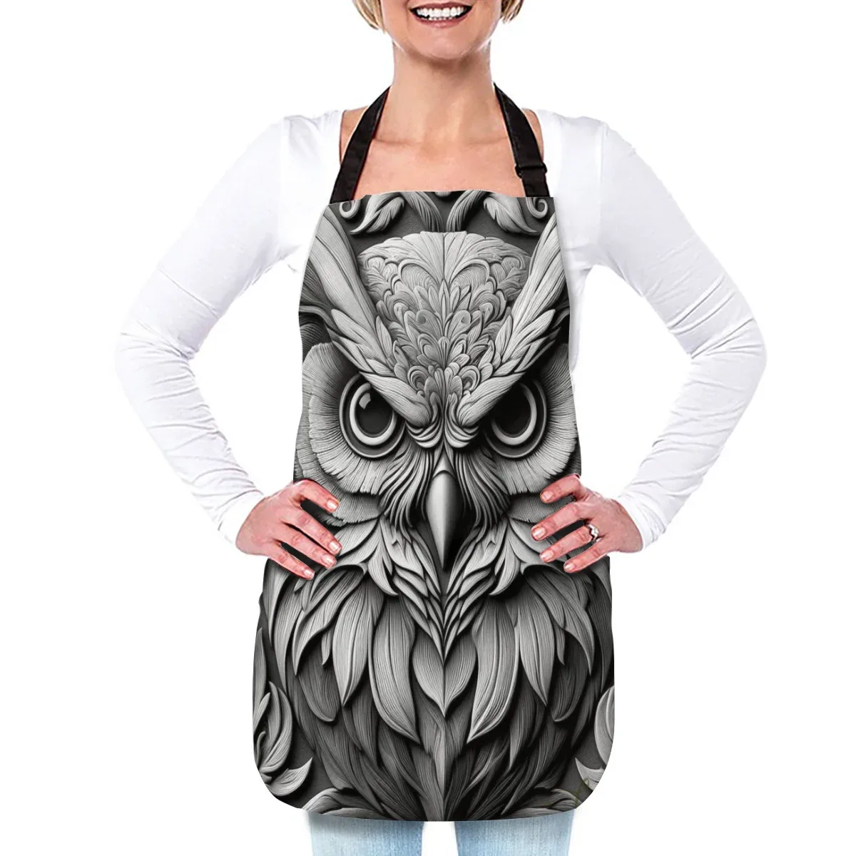 Avental de cozinha ajustável modelo exclusivo de coruja em cinza