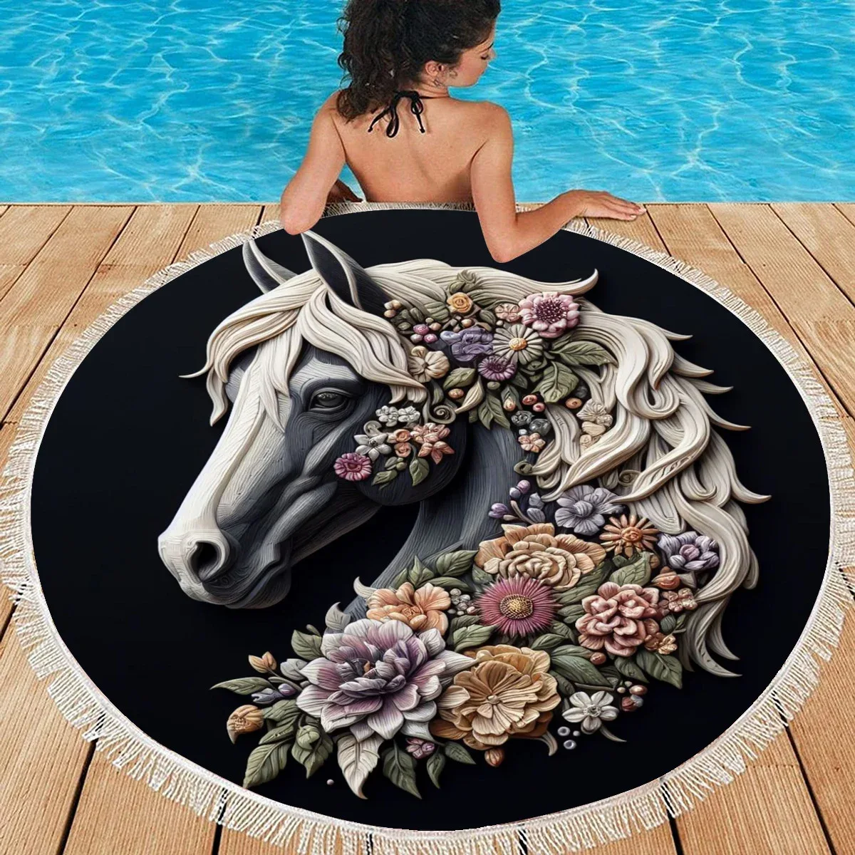 Toalha de Praia Redonda de cavalo com flores coloridas Produto exclusivo