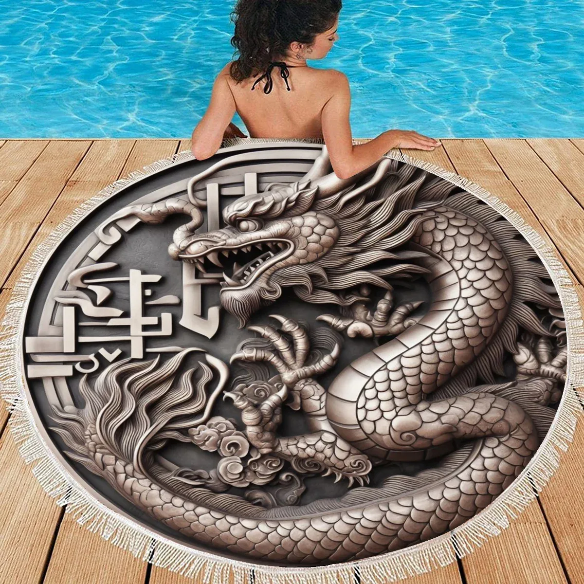 Toalha de Praia Redonda Dragão Chinês-Design Exclusivo