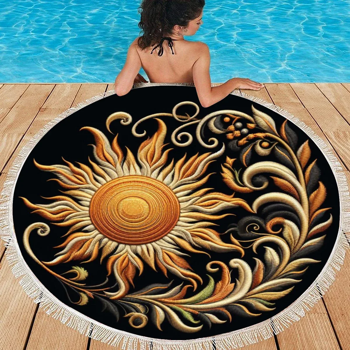 Toalha de Praia Redonda sol bordado-Design Exclusivo